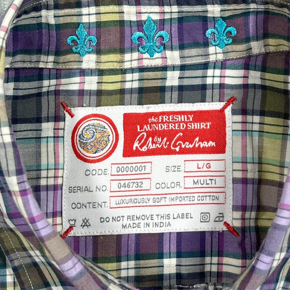 Robert Graham Freshly Laundered Button Up Shirt Men's L Purple Green Plaid Roll - Picture 2 of 13